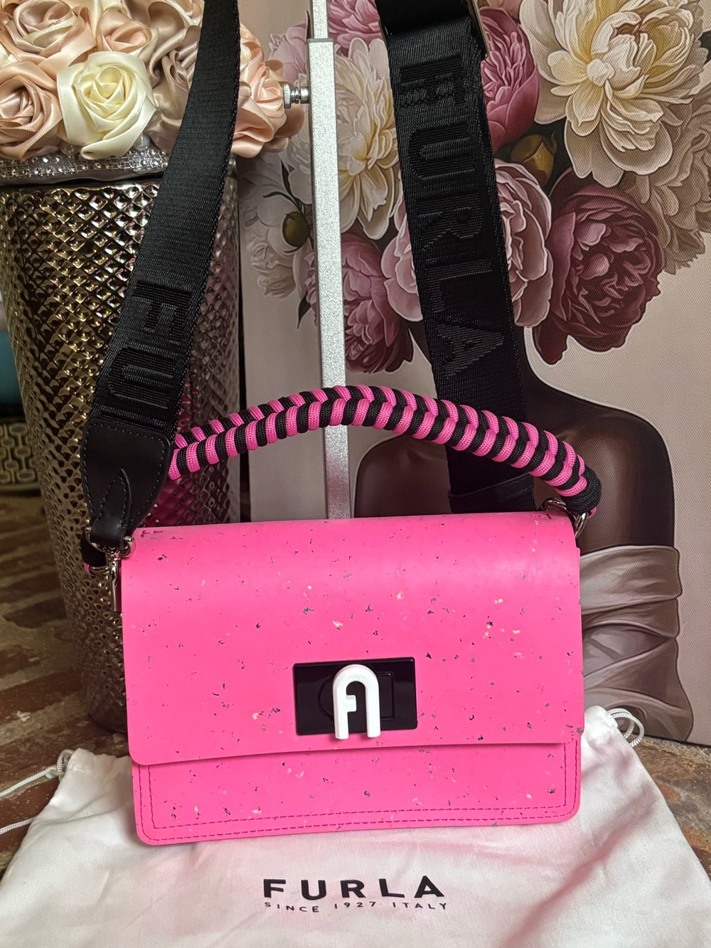 Furla Hot Pink Crossbody Bag with Black Webbing Strap